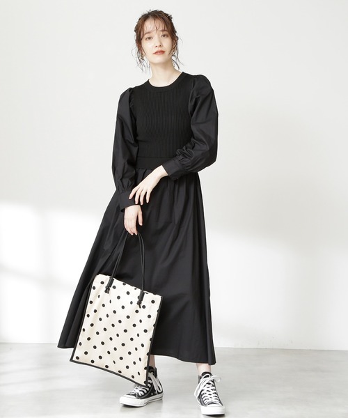 N.(N. Natural Beauty Basic)(エヌエヌナチュラルビューティーベーシック)の「◆ニットドッキングコットンワンピース(ワンピース・レディース・ブラック/モカ/ブルー・MEDIUM)」の9枚目の写真