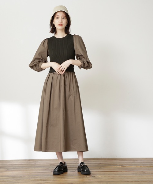 N.(N. Natural Beauty Basic)(エヌエヌナチュラルビューティーベーシック)の「◆ニットドッキングコットンワンピース(ワンピース・レディース・ブラック/モカ/ブルー・MEDIUM)」の6枚目の写真