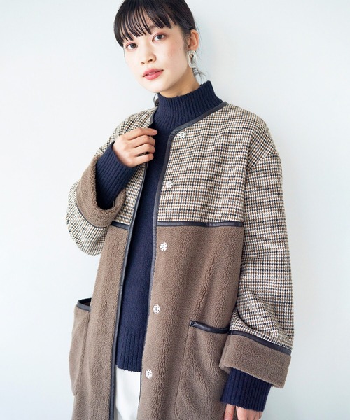 haco!（ハコ）の「パッと着て華やぐ！便利なチェックとボアの異素材遣いコート（ノーカラーコート・レディース・ベージュ系その他・LARGE/X-LARGE/SMALL/MEDIUM）」の15枚目の写真