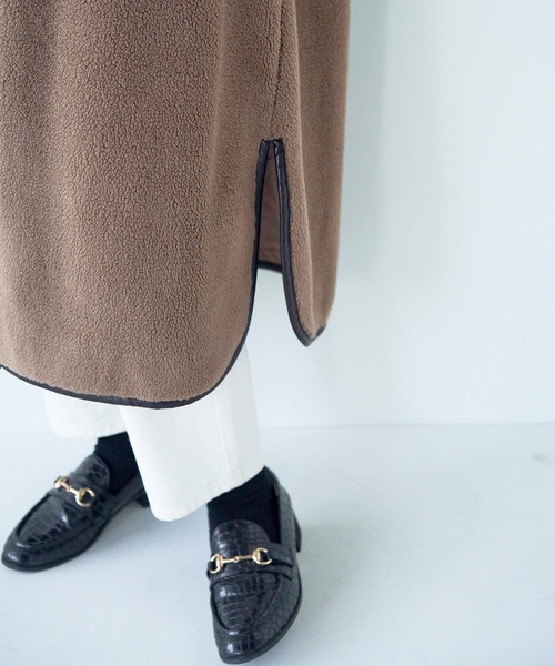 haco!（ハコ）の「パッと着て華やぐ！便利なチェックとボアの異素材遣いコート（ノーカラーコート・レディース・ベージュ系その他・LARGE/X-LARGE/SMALL/MEDIUM）」の11枚目の写真