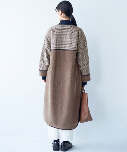 haco!（ハコ）の「パッと着て華やぐ！便利なチェックとボアの異素材遣いコート（ノーカラーコート・レディース・ベージュ系その他・LARGE/X-LARGE/SMALL/MEDIUM）」の14枚目の写真