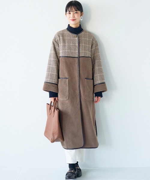 haco!（ハコ）の「パッと着て華やぐ！便利なチェックとボアの異素材遣いコート（ノーカラーコート・レディース・ベージュ系その他・LARGE/X-LARGE/SMALL/MEDIUM）」の12枚目の写真