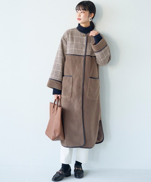 haco!（ハコ）の「パッと着て華やぐ！便利なチェックとボアの異素材遣いコート（ノーカラーコート・レディース・ベージュ系その他・LARGE/X-LARGE/SMALL/MEDIUM）」の7枚目の写真