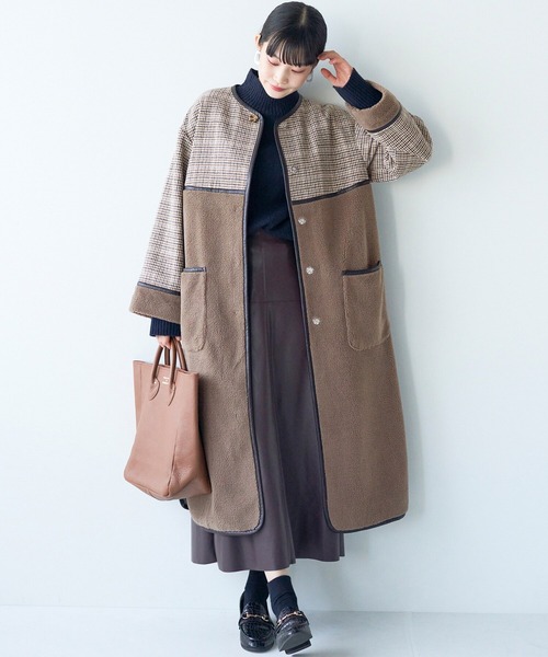 haco!（ハコ）の「パッと着て華やぐ！便利なチェックとボアの異素材遣いコート（ノーカラーコート・レディース・ベージュ系その他・LARGE/X-LARGE/SMALL/MEDIUM）」の16枚目の写真