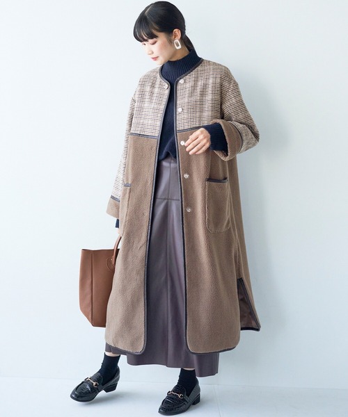 haco!（ハコ）の「パッと着て華やぐ！便利なチェックとボアの異素材遣いコート（ノーカラーコート・レディース・ベージュ系その他・LARGE/X-LARGE/SMALL/MEDIUM）」の2枚目の写真