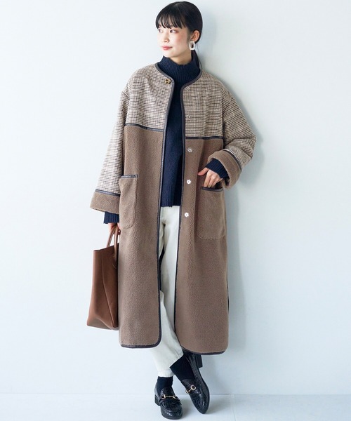 haco!（ハコ）の「パッと着て華やぐ！便利なチェックとボアの異素材遣いコート（ノーカラーコート・レディース・ベージュ系その他・LARGE/X-LARGE/SMALL/MEDIUM）」の3枚目の写真