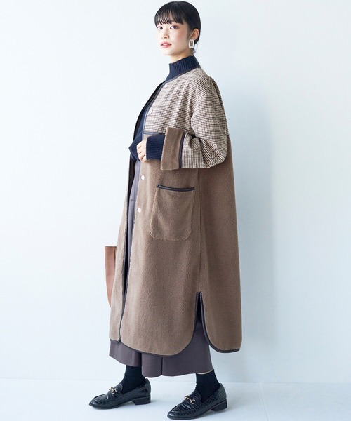 haco!（ハコ）の「パッと着て華やぐ！便利なチェックとボアの異素材遣いコート（ノーカラーコート・レディース・ベージュ系その他・LARGE/X-LARGE/SMALL/MEDIUM）」の10枚目の写真