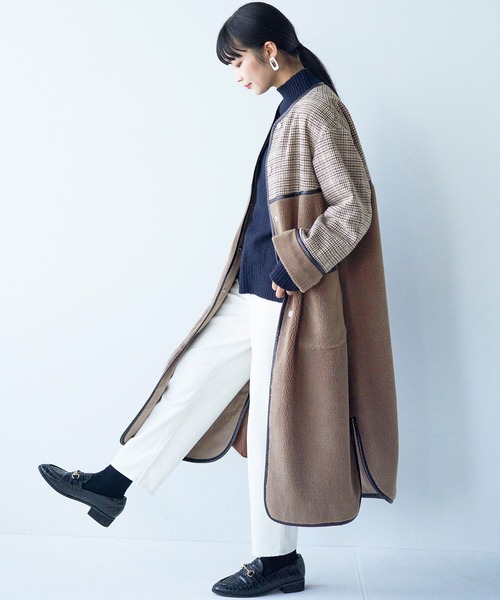 haco!（ハコ）の「パッと着て華やぐ！便利なチェックとボアの異素材遣いコート（ノーカラーコート・レディース・ベージュ系その他・LARGE/X-LARGE/SMALL/MEDIUM）」の19枚目の写真