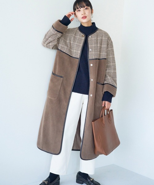 haco!（ハコ）の「パッと着て華やぐ！便利なチェックとボアの異素材遣いコート（ノーカラーコート・レディース・ベージュ系その他・LARGE/X-LARGE/SMALL/MEDIUM）」の21枚目の写真