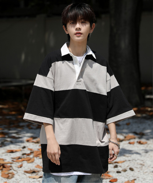 neos（ネオス）の「【neos -addictive design-】ビッグシルエット ボーダー 切替 ラガー ポロシャツ（ポロシャツ・メンズ・ブルーグレー/グレイッシュベージュ/ブラック/グリーン・LARGE/X-LARGE/MEDIUM）」の3枚目の写真