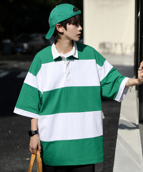 neos（ネオス）の「【neos -addictive design-】ビッグシルエット ボーダー 切替 ラガー ポロシャツ（ポロシャツ・メンズ・ブルーグレー/グレイッシュベージュ/ブラック/グリーン・LARGE/X-LARGE/MEDIUM）」の4枚目の写真