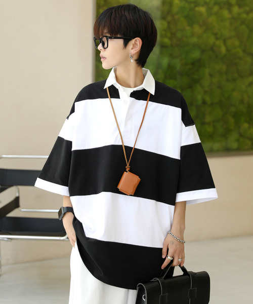 neos（ネオス）の「【neos -addictive design-】ビッグシルエット ボーダー 切替 ラガー ポロシャツ（ポロシャツ・メンズ・ブルーグレー/グレイッシュベージュ/ブラック/グリーン・LARGE/X-LARGE/MEDIUM）」の2枚目の写真