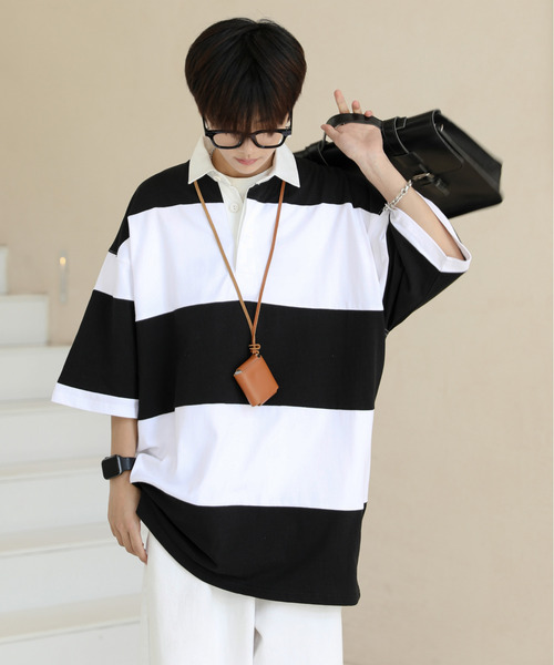 neos（ネオス）の「【neos -addictive design-】ビッグシルエット ボーダー 切替 ラガー ポロシャツ（ポロシャツ・メンズ・ブルーグレー/グレイッシュベージュ/ブラック/グリーン・LARGE/X-LARGE/MEDIUM）」の5枚目の写真