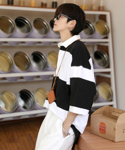 neos（ネオス）の「【neos -addictive design-】ビッグシルエット ボーダー 切替 ラガー ポロシャツ（ポロシャツ・メンズ・ブルーグレー/グレイッシュベージュ/ブラック/グリーン・LARGE/X-LARGE/MEDIUM）」の7枚目の写真