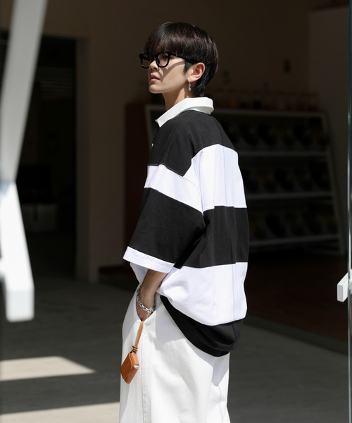 neos（ネオス）の「【neos -addictive design-】ビッグシルエット ボーダー 切替 ラガー ポロシャツ（ポロシャツ・メンズ・ブルーグレー/グレイッシュベージュ/ブラック/グリーン・LARGE/X-LARGE/MEDIUM）」の8枚目の写真