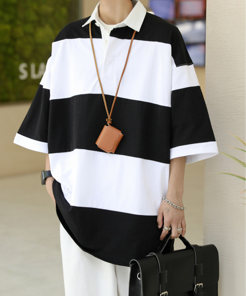 neos（ネオス）の「【neos -addictive design-】ビッグシルエット ボーダー 切替 ラガー ポロシャツ（ポロシャツ・メンズ・ブルーグレー/グレイッシュベージュ/ブラック/グリーン・LARGE/X-LARGE/MEDIUM）」の9枚目の写真