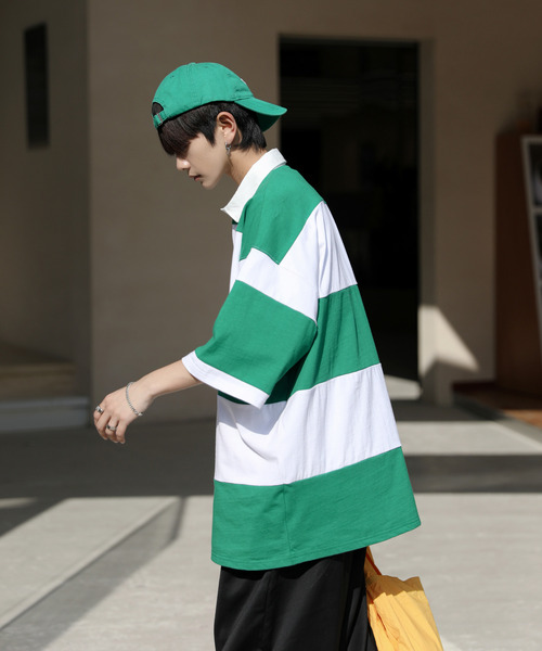 neos（ネオス）の「【neos -addictive design-】ビッグシルエット ボーダー 切替 ラガー ポロシャツ（ポロシャツ・メンズ・ブルーグレー/グレイッシュベージュ/ブラック/グリーン・LARGE/X-LARGE/MEDIUM）」の12枚目の写真