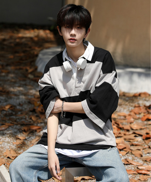 neos（ネオス）の「【neos -addictive design-】ビッグシルエット ボーダー 切替 ラガー ポロシャツ（ポロシャツ・メンズ・ブルーグレー/グレイッシュベージュ/ブラック/グリーン・LARGE/X-LARGE/MEDIUM）」の15枚目の写真