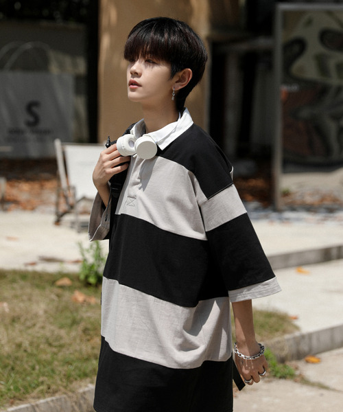 neos（ネオス）の「【neos -addictive design-】ビッグシルエット ボーダー 切替 ラガー ポロシャツ（ポロシャツ・メンズ・ブルーグレー/グレイッシュベージュ/ブラック/グリーン・LARGE/X-LARGE/MEDIUM）」の17枚目の写真