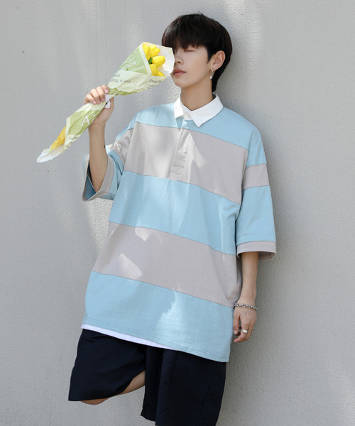 neos（ネオス）の「【neos -addictive design-】ビッグシルエット ボーダー 切替 ラガー ポロシャツ（ポロシャツ・メンズ・ブルーグレー/グレイッシュベージュ/ブラック/グリーン・LARGE/X-LARGE/MEDIUM）」の20枚目の写真