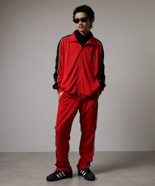 RED FREAKY フード付きジャージ上着 アディダス フード付きジャージ デサント製 Lサイズ レッド