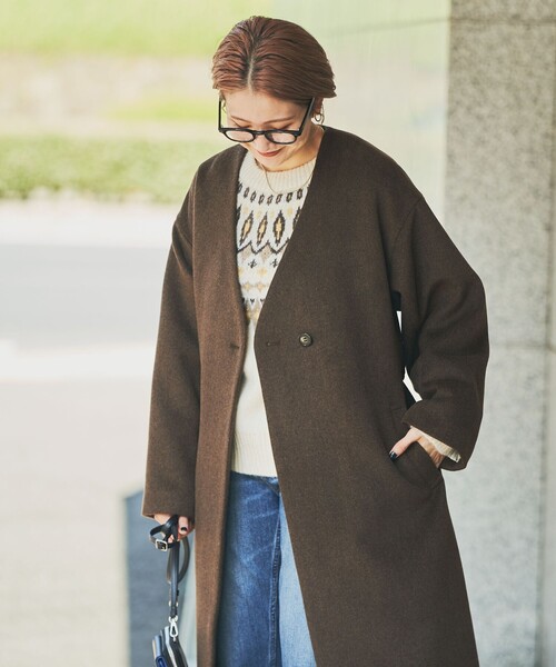 coen（コーエン）の「ウールブレンドノーカラーロングコート・ダーク