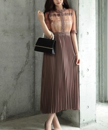 ワンピース ドレス シアー素材 レース プリーツ ミモレ丈 袖ありパーティードレス