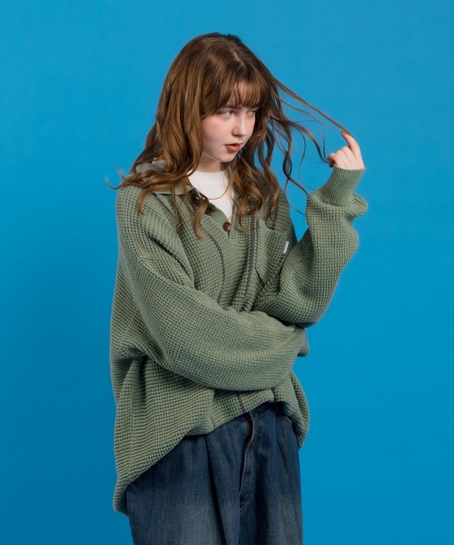 MUHET（ミュエータ）の「ワッフル編みポロニット（ニット/セーター・レディース・ネイビー/ライトグリーン・X-LARGE/MEDIUM）」の21枚目の写真