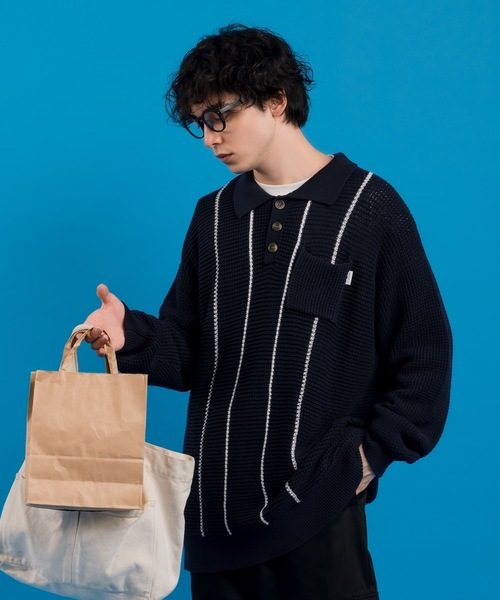 MUHET（ミュエータ）の「ワッフル編みポロニット（ニット/セーター・レディース・ネイビー/ライトグリーン・X-LARGE/MEDIUM）」の3枚目の写真