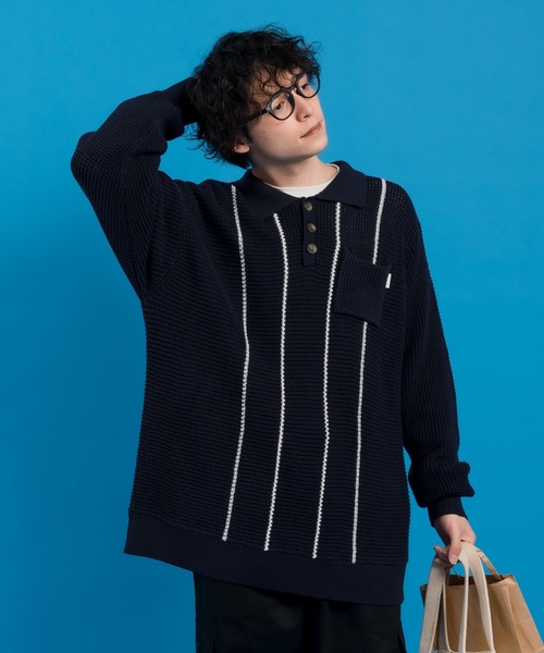 MUHET（ミュエータ）の「ワッフル編みポロニット（ニット/セーター・レディース・ネイビー/ライトグリーン・X-LARGE/MEDIUM）」の9枚目の写真