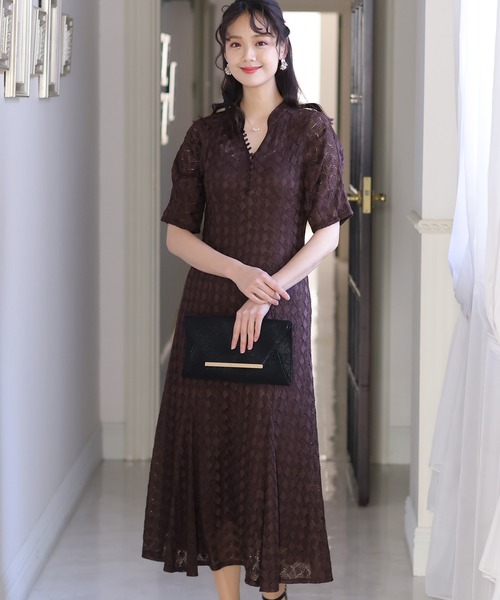 PourVous(プールヴー)の「袖あり&ミモレ丈 パーティー ドレス キーネック お呼ばれ 結婚式 フォーマル 同窓会 オケージョンドレス ワンピース 二次会 成人式 (ドレス・レディース・ネイビー/ベージュ/ピンク/ブラウン/カーキ・M)」の6枚目の写真