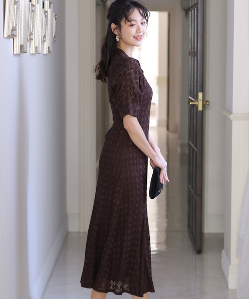 PourVous(プールヴー)の「袖あり&ミモレ丈 パーティー ドレス キーネック お呼ばれ 結婚式 フォーマル 同窓会 オケージョンドレス ワンピース 二次会 成人式 (ドレス・レディース・ネイビー/ベージュ/ピンク/ブラウン/カーキ・M)」の7枚目の写真