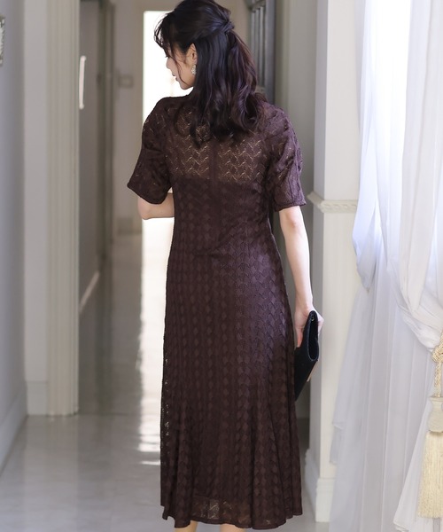 PourVous(プールヴー)の「袖あり&ミモレ丈 パーティー ドレス キーネック お呼ばれ 結婚式 フォーマル 同窓会 オケージョンドレス ワンピース 二次会 成人式 (ドレス・レディース・ネイビー/ベージュ/ピンク/ブラウン/カーキ・M)」の8枚目の写真