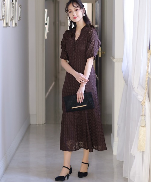 PourVous(プールヴー)の「袖あり&ミモレ丈 パーティー ドレス キーネック お呼ばれ 結婚式 フォーマル 同窓会 オケージョンドレス ワンピース 二次会 成人式 (ドレス・レディース・ネイビー/ベージュ/ピンク/ブラウン/カーキ・M)」の9枚目の写真