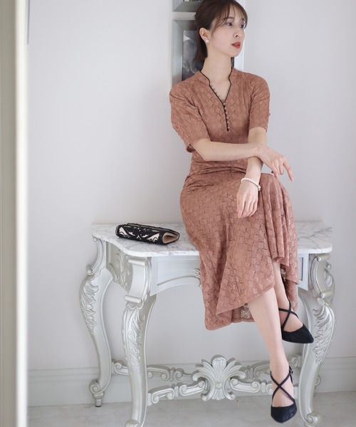PourVous(プールヴー)の「袖あり&ミモレ丈 パーティー ドレス キーネック お呼ばれ 結婚式 フォーマル 同窓会 オケージョンドレス ワンピース 二次会 成人式 (ドレス・レディース・ネイビー/ベージュ/ピンク/ブラウン/カーキ・M)」の17枚目の写真