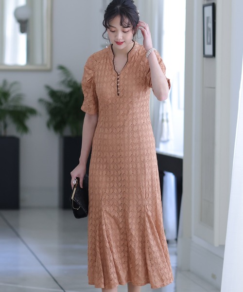 PourVous(プールヴー)の「袖あり&ミモレ丈 パーティー ドレス キーネック お呼ばれ 結婚式 フォーマル 同窓会 オケージョンドレス ワンピース 二次会 成人式 (ドレス・レディース・ネイビー/ベージュ/ピンク/ブラウン/カーキ・M)」の18枚目の写真