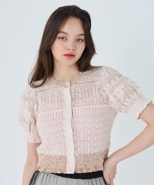 TINA:JOJUN(ティーナジョジュン)の「パフスリーブ 透かし編みカーディガン TINA:JOJUN(カーディガン/ボレロ・レディース・アイボリー/ベビーピンク/グレー・M)」の5枚目の写真
