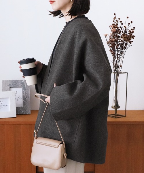 reca（レカ）の「メルトンノーカラージャケット（ノーカラージャケット・レディース・オートミール/チャコールグレー・M）」の5枚目の写真