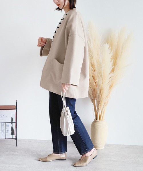 reca（レカ）の「メルトンノーカラージャケット（ノーカラージャケット・レディース・オートミール/チャコールグレー・M）」の13枚目の写真