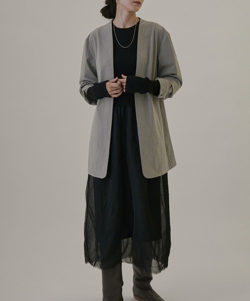 SALON adam et rope'(サロン アダム エ ロペ)の「【ZOZOTOWN限定】カラーレスオーバージャケット(ノーカラージャケット・レディース・ブラック/ブラウン/グレー×ホワイト・M/S)」の15枚目の写真
