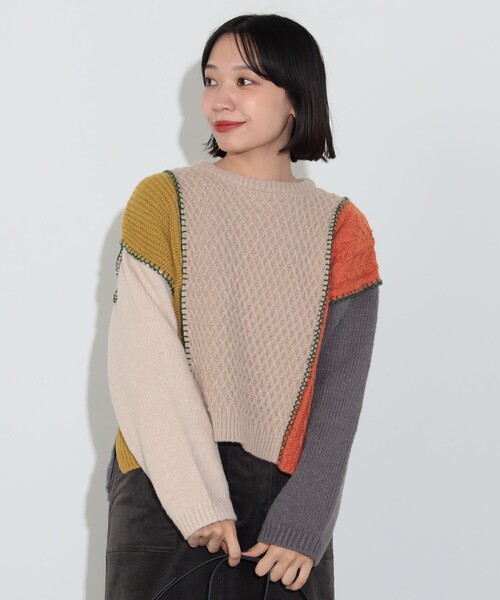 BEAMS HEART（ビームスハート）の「パッチワーク配色 プルオーバーニット（ウォッシャブル）（ニット/セーター・レディース・ネイビー/アイボリー/ベージュ/ブラウン系その他/グリーン・FREE）」の3枚目の写真