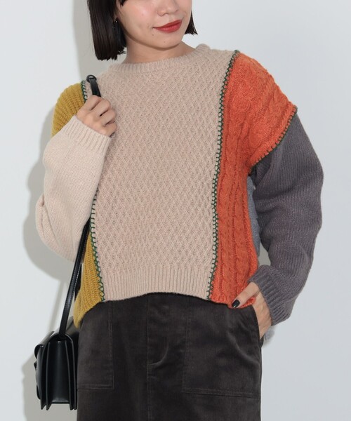 BEAMS HEART（ビームスハート）の「パッチワーク配色 プルオーバーニット（ウォッシャブル）（ニット/セーター・レディース・ネイビー/アイボリー/ベージュ/ブラウン系その他/グリーン・FREE）」の10枚目の写真