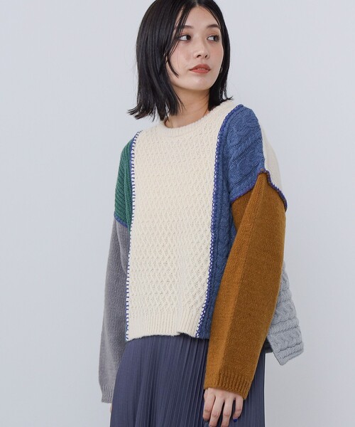 BEAMS HEART（ビームスハート）の「パッチワーク配色 プルオーバーニット（ウォッシャブル）（ニット/セーター・レディース・ネイビー/アイボリー/ベージュ/ブラウン系その他/グリーン・FREE）」の20枚目の写真