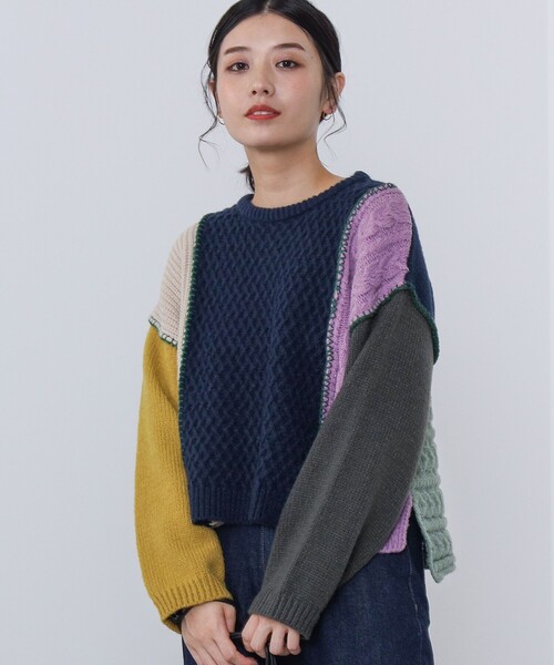 BEAMS HEART（ビームスハート）の「パッチワーク配色 プルオーバーニット（ウォッシャブル）（ニット/セーター・レディース・ネイビー/アイボリー/ベージュ/ブラウン系その他/グリーン・FREE）」の5枚目の写真