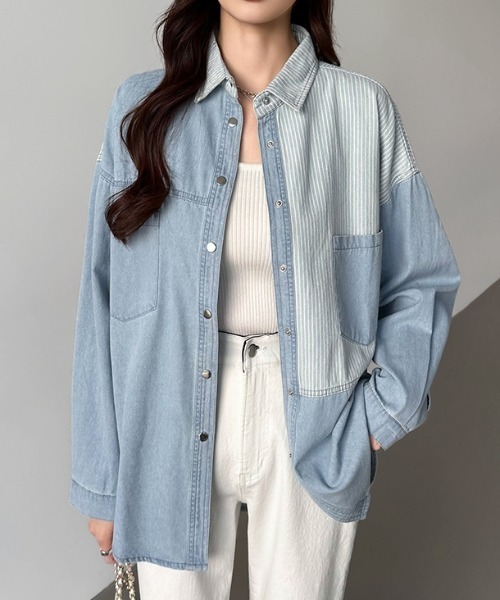 COCOMOMO(ココモモ)の「パッチワーク切替えタンガリーデニムシャツ(シャツ/ブラウス・レディース・ダークブルー/ライトブルー・XL/L/M)」の6枚目の写真