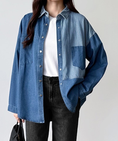 COCOMOMO(ココモモ)の「パッチワーク切替えタンガリーデニムシャツ(シャツ/ブラウス・レディース・ダークブルー/ライトブルー・XL/L/M)」の14枚目の写真