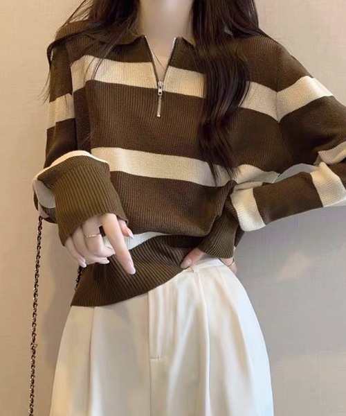 ☆20%割引☆SANTAFE ハーフジップセーター L 古着 Polo Ralph Lauren ボーダー ハーフジップ コットン ニット