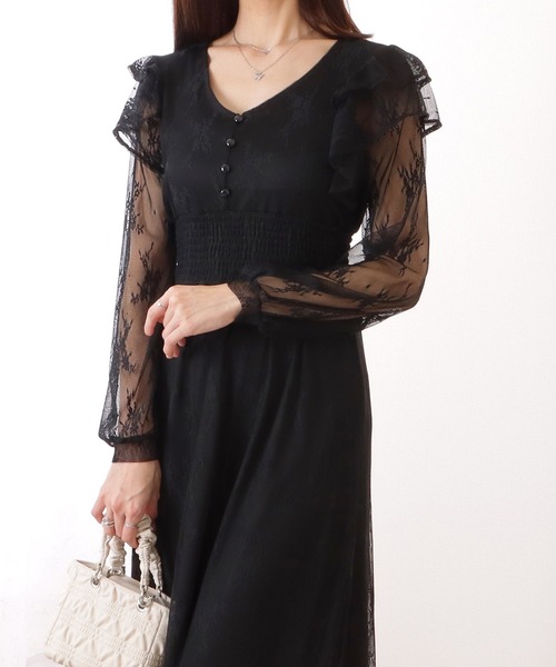 Lace Ladies(レースレディース)の「フリル付き フラワー チュール Vネック ワンピース(ワンピース・レディース・ブルーグレー/ブラック/ラベンダー・S/FREE)」の4枚目の写真