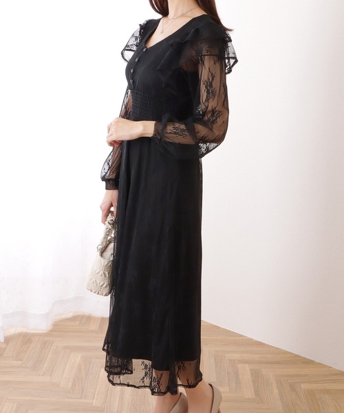 Lace Ladies(レースレディース)の「フリル付き フラワー チュール Vネック ワンピース(ワンピース・レディース・ブルーグレー/ブラック/ラベンダー・S/FREE)」の5枚目の写真