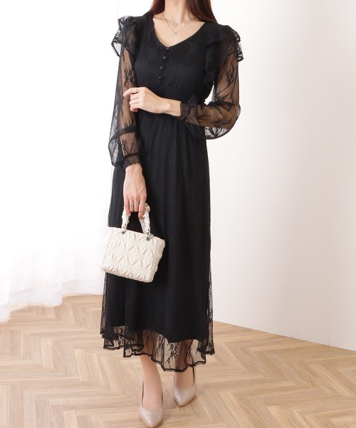 Lace Ladies(レースレディース)の「フリル付き フラワー チュール Vネック ワンピース(ワンピース・レディース・ブルーグレー/ブラック/ラベンダー・S/FREE)」の6枚目の写真